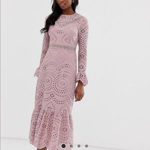 Asos design tall premium broderie tie maxi dress with pep hem and fluted sleeves